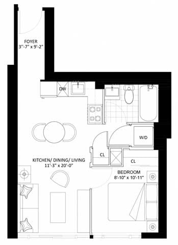 Floor plan for 1 bed, 1 bath, 493 sqft